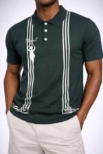 Mogulgus Emerald Green Geometric Striped Knit Polo